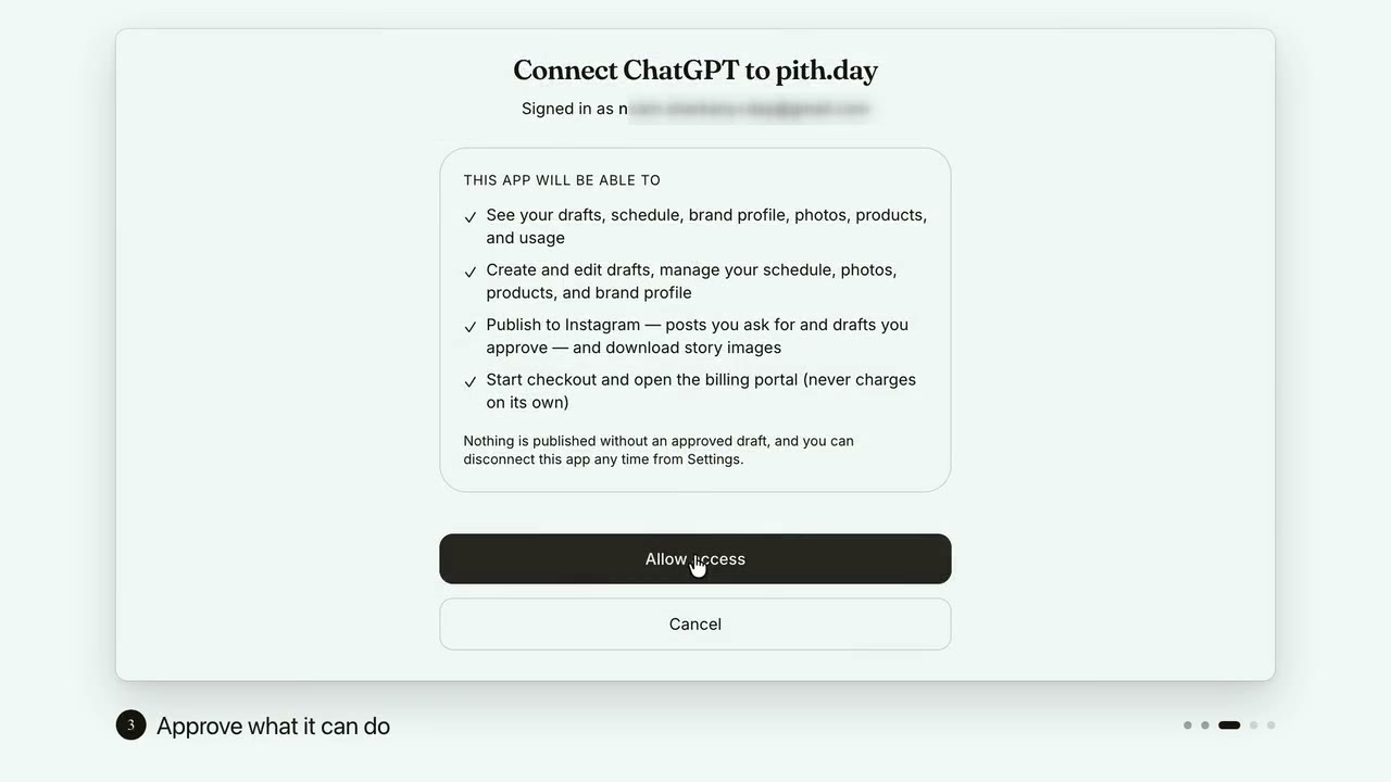 The pith.day permission screen inside ChatGPT, listing what a connected assistant may do.