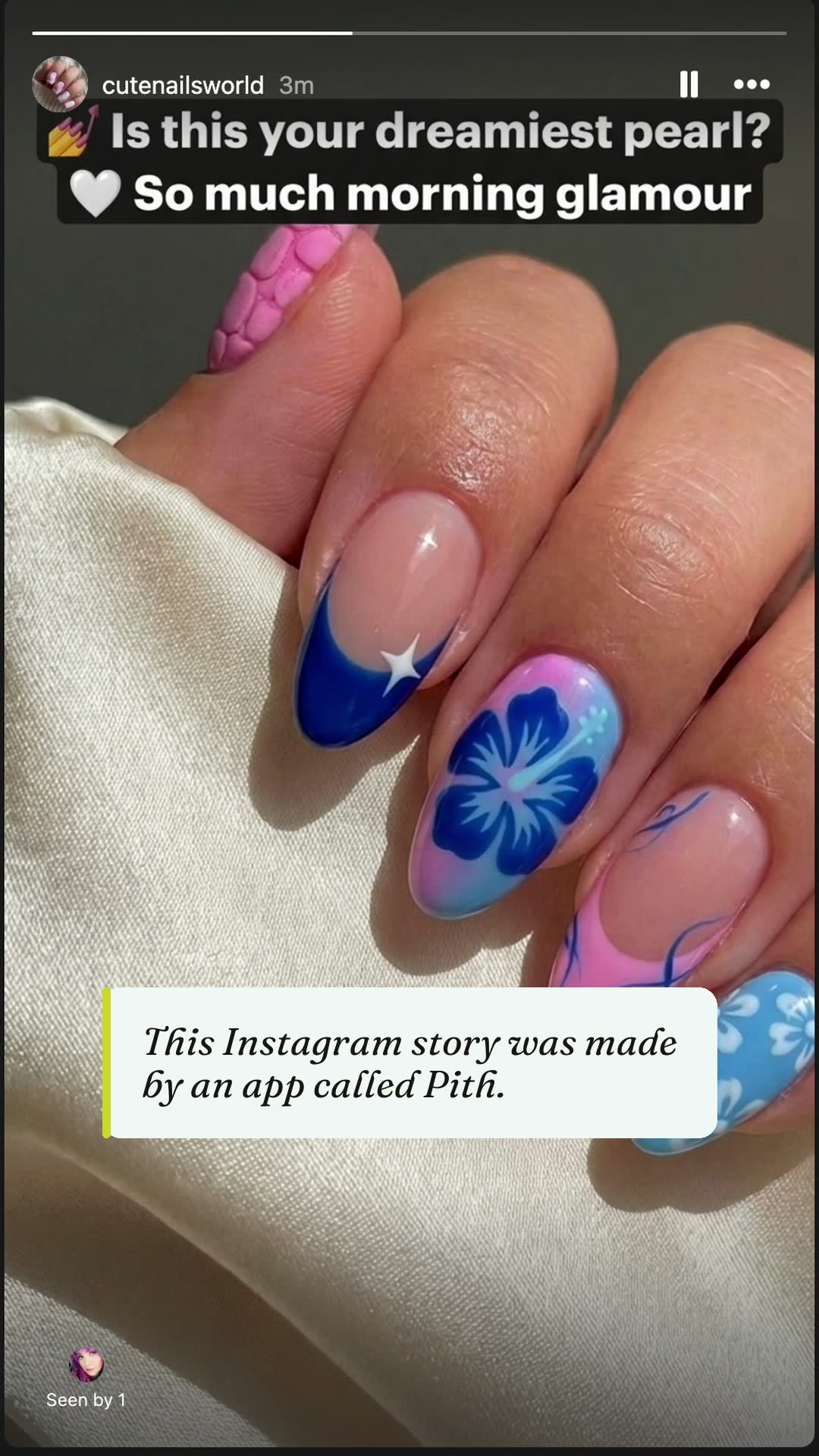 An Instagram story live on a nail studio’s account, captioned “This Instagram story was made by an app called Pith.”